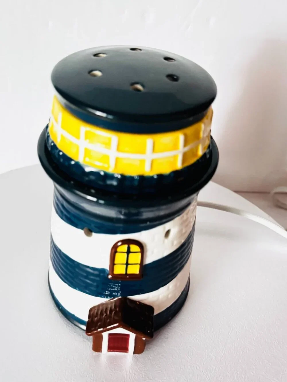 Retired Scentsy Nautical Lighthouse Blue White Ceramic Wax Warmer  TESTED